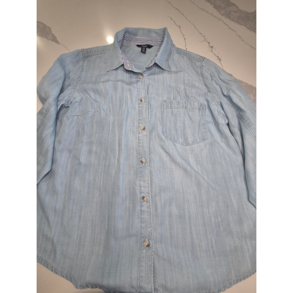 Hatley Womens Light Wash Lyocell Denim Button Down Shirt Small Blue Striped Trim - Picture 7 of 10